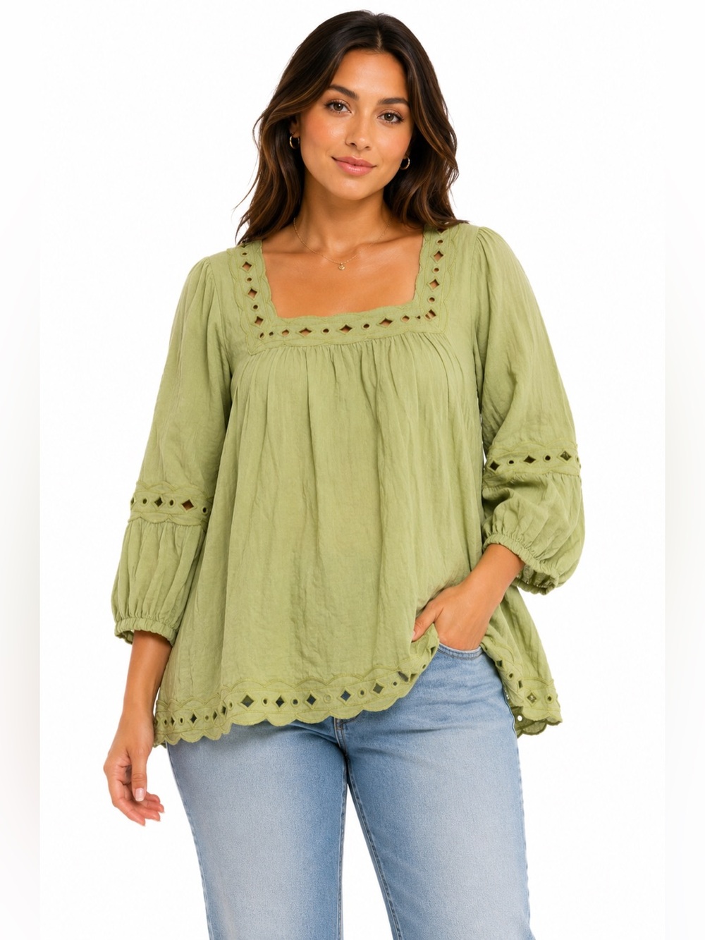 Y2K does 70s Vintage Boho Peasant Square-neck Cutwork Blouse Earthy Green Size L